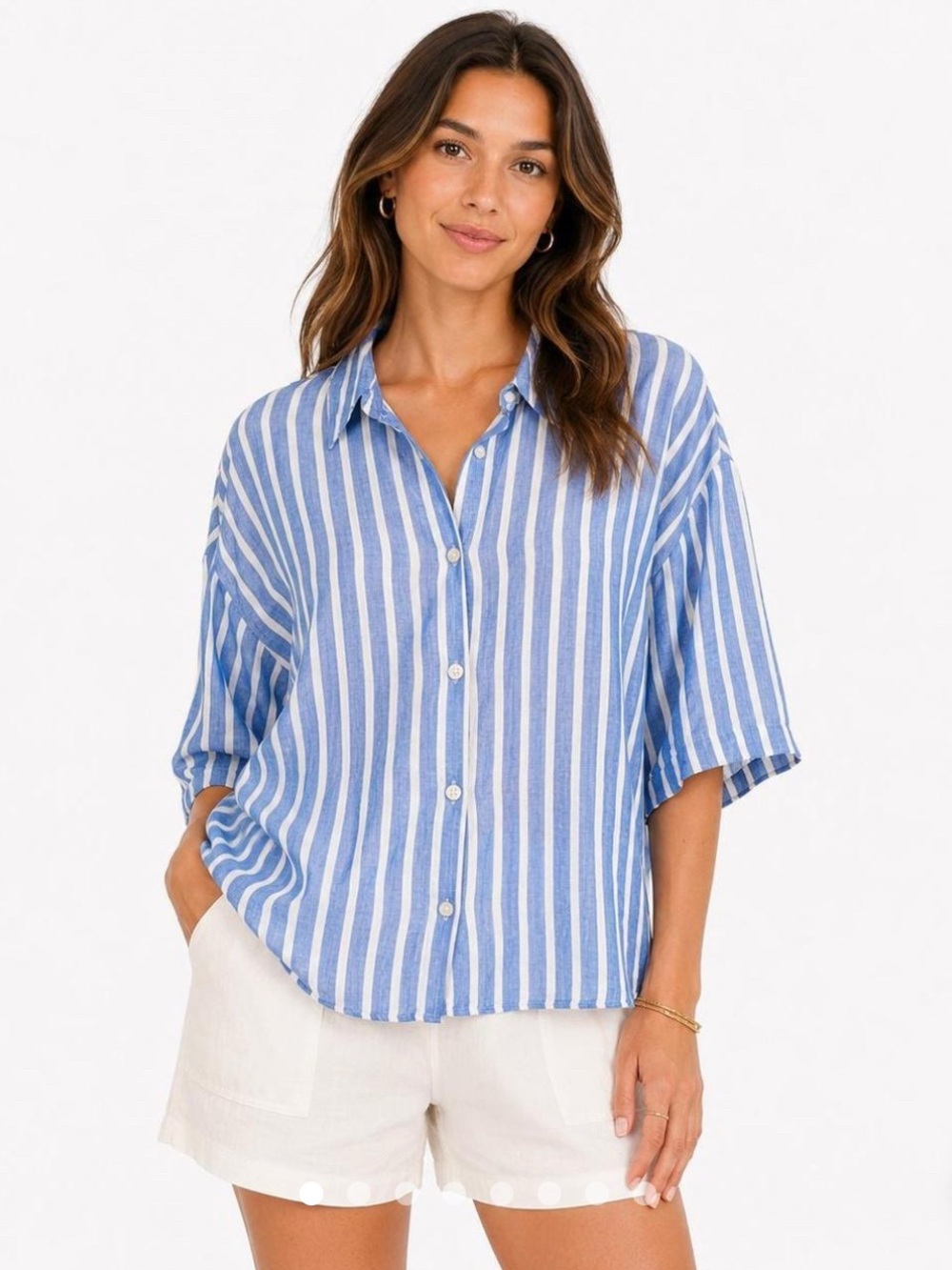 NWT H&M blue and white striped linen button down short sleeve shirt size XS